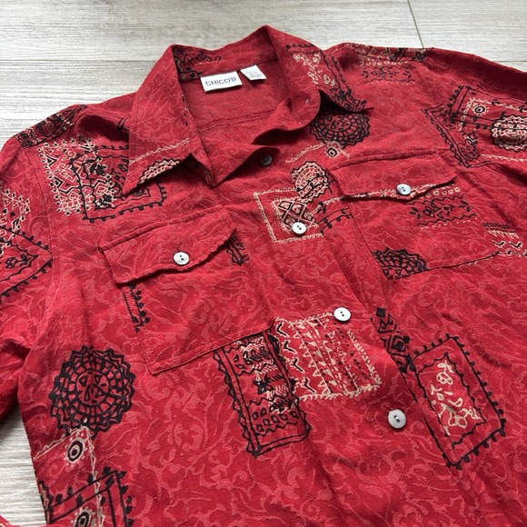 Chicos Womens 1 Medium Button Up‎ Silk Linen Blend Paisley Geometric Blouse - Picture 2 of 10